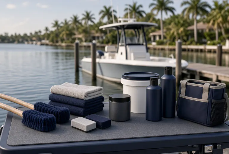 Detailing brushes, microfiber towels, a bucket, and product bottles set out on a dock-side table, with a white center console moored behind