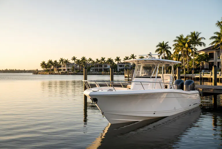 Clean white center console boat tied up at a private dock in late-afternoon light, with palm trees and waterfront homes behind