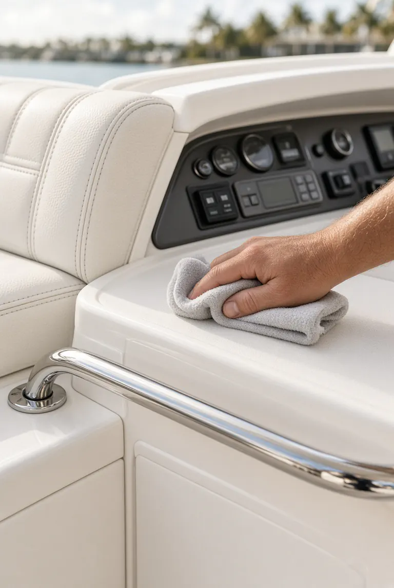 Hand wiping a white helm console with a microfiber cloth beside the instrument panel and a polished stainless grab rail
