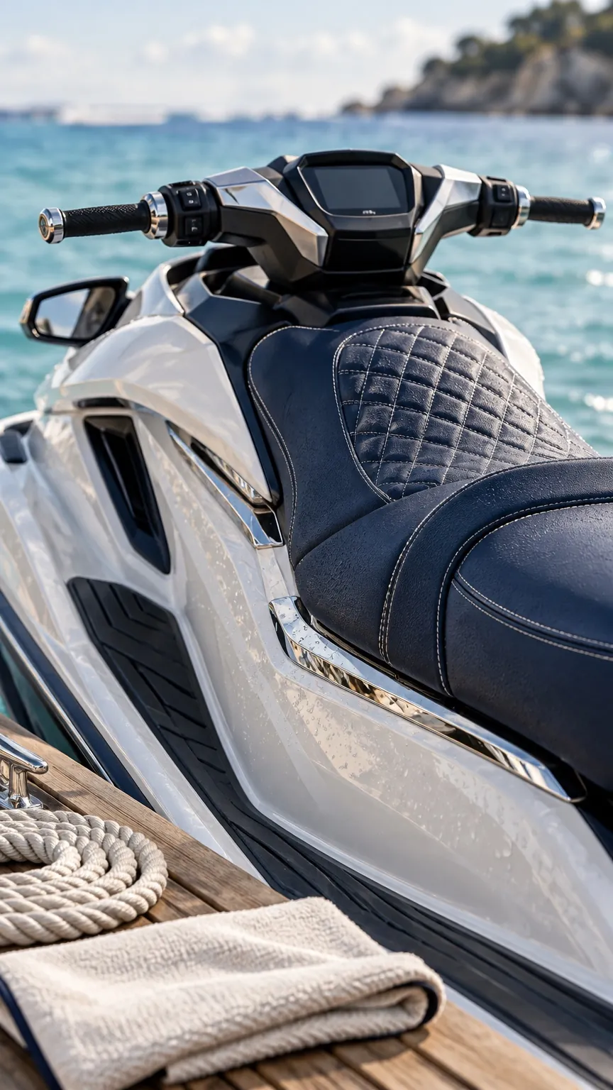 Detailed premium watercraft seating and helm beside a dock